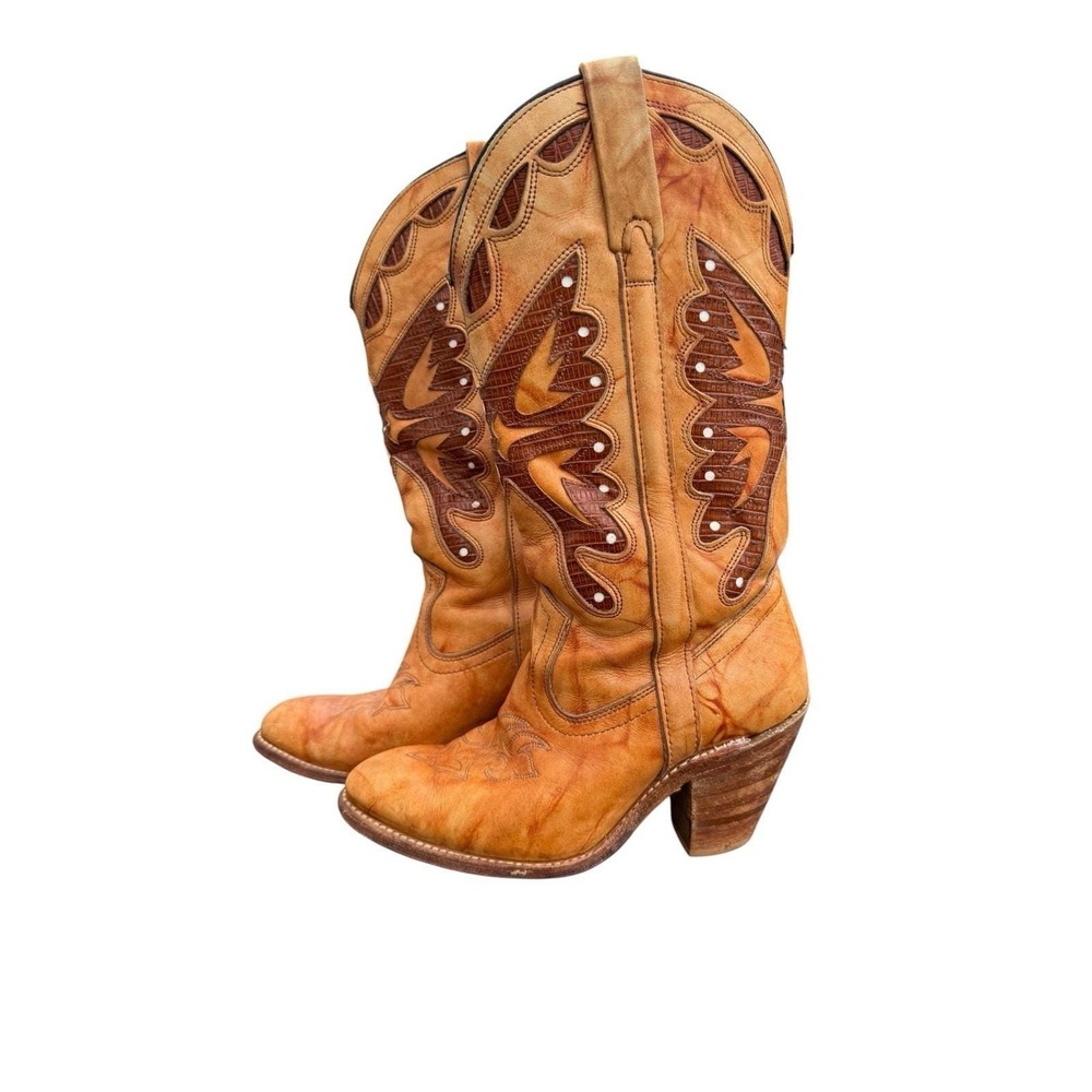 VTG  Capezio West Brown Marble Leather Butterfly Western Cowgirl Boots 7.5M USA